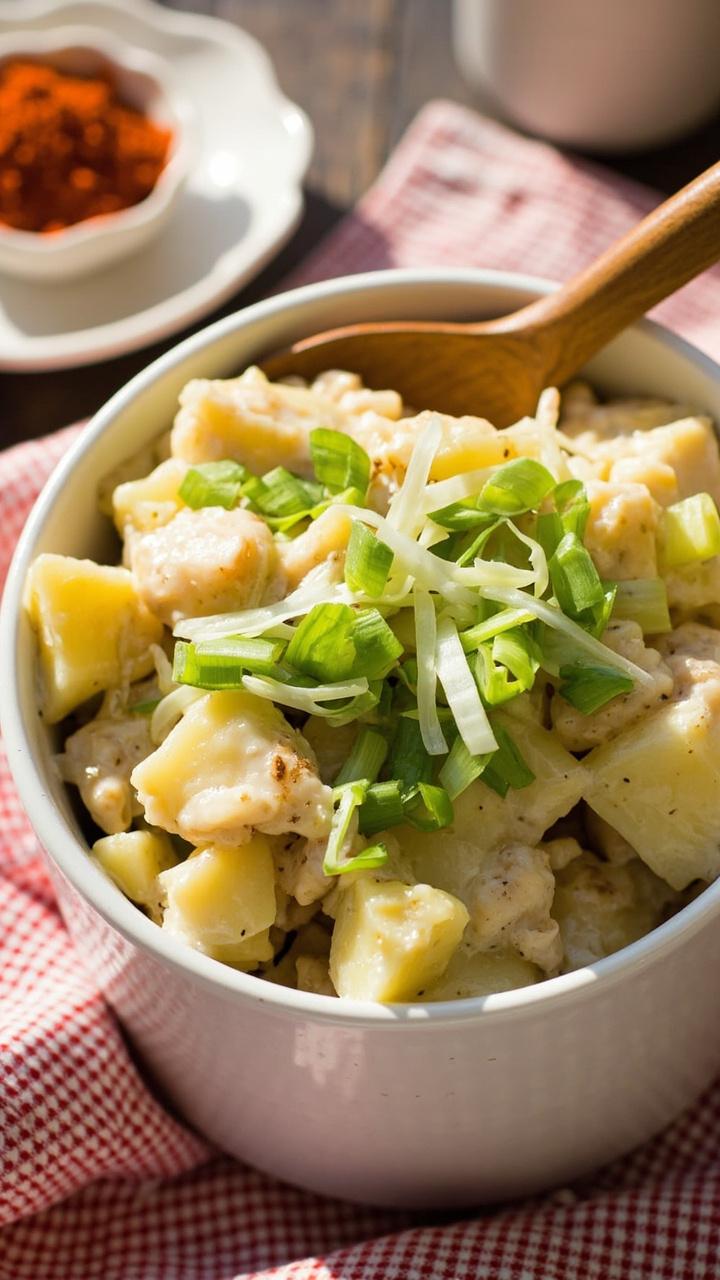 A white ceramic bowl of chunky potato salad with visible chunks of potato, diced celery, and green onion, a wooden spoon tucked in, a small dish of extra paprika nearby, a checked napkin beneath