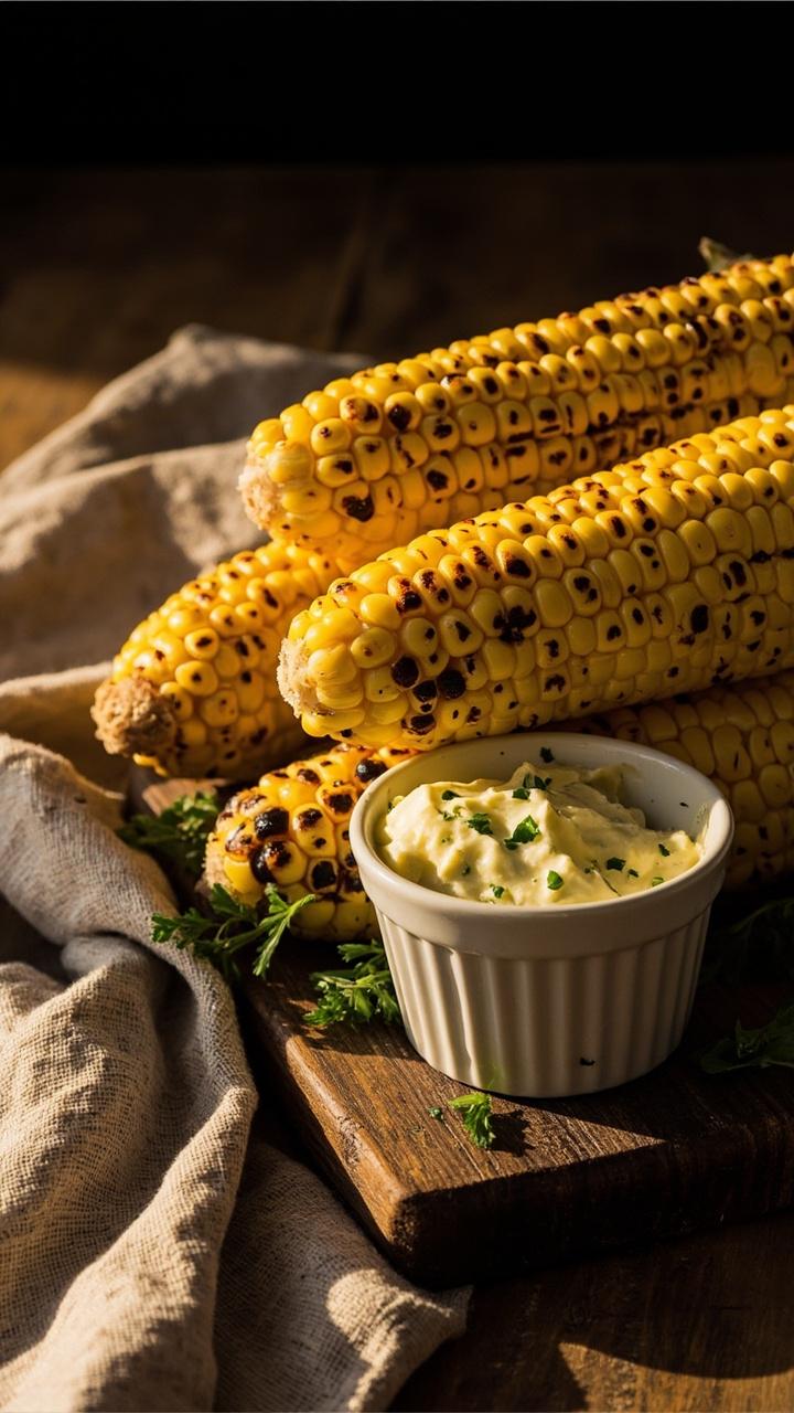 Three ears of corn with light char marks stacked on a wooden board, a small ramekin of soft herb butter beside them, scattered parsley leaves, a linen napkin at the corner
