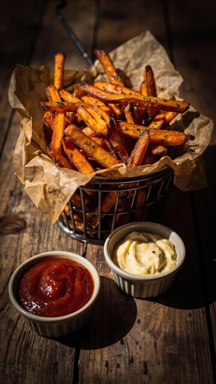 A metal basket filled with golden sweet potato fries with flecks of rosemary, a small bowl of ketchup and a ramekin of garlic aioli, a wooden table surface and casual parchment paper lining