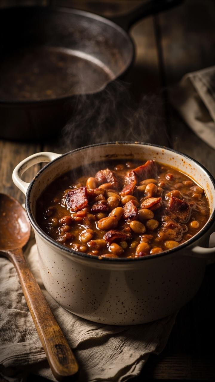 A rustic enamel pot of glossy baked beans with small bacon pieces on top, a wooden spoon resting beside, a cast iron skillet in the background and a napkin folded nearby