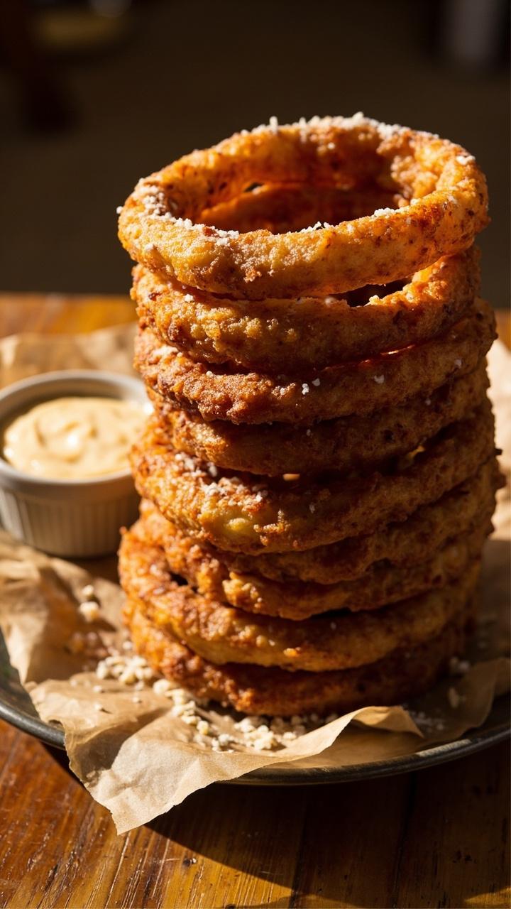 A stack of golden onion rings dusted with grated Parmesan on a small platter, a ramekin of dipping sauce nearby, a piece of parchment paper under the rings, a casual wooden table