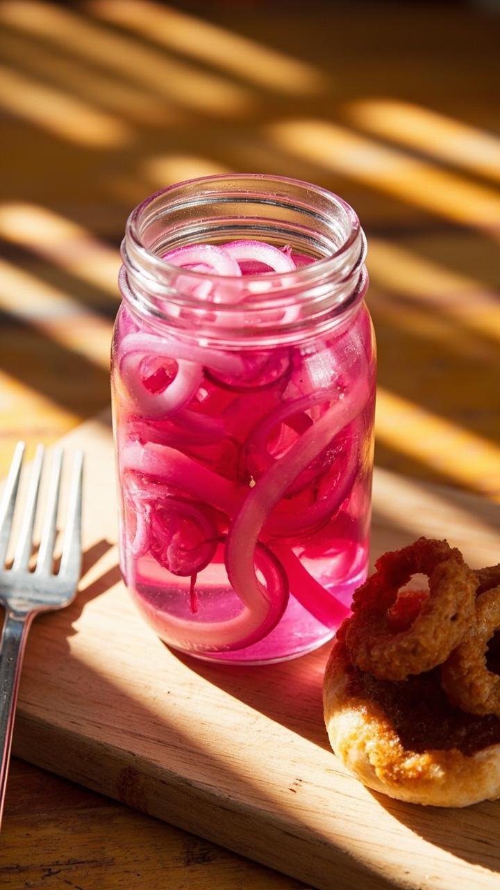 A small mason jar of thin pink pickled onions with a fork beside it, a few onion slices on a burger bun nearby, sunlight and a simple wooden board