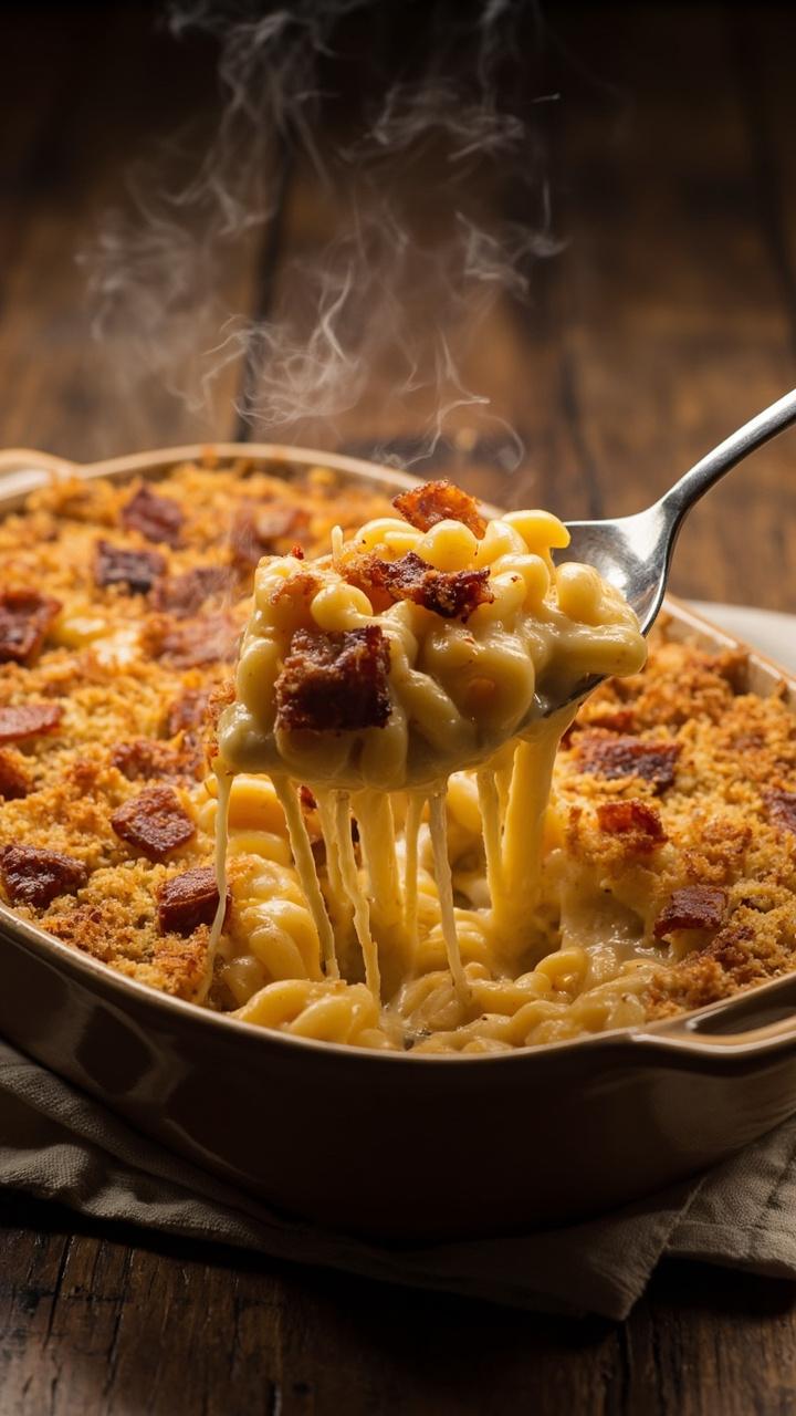A shallow baking dish of macaroni and cheese with a golden breadcrumb crust and visible bacon bits, a serving spoon scooping a portion, a simple cloth napkin and a wooden table