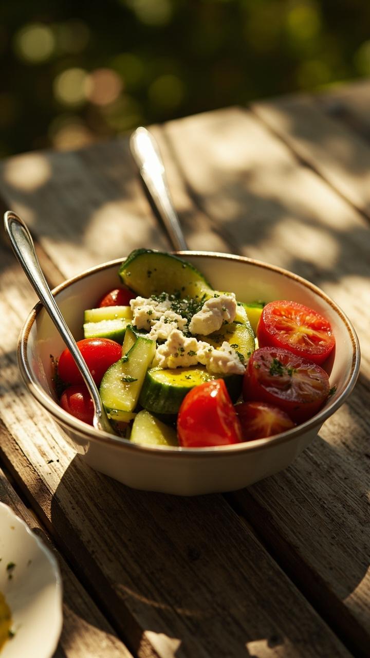 A small shallow bowl of cucumber and cherry tomato halves with crumbled feta and chopped herbs, a drizzle of olive oil visible, a fork leaning on the bowl and a sunlit patio table