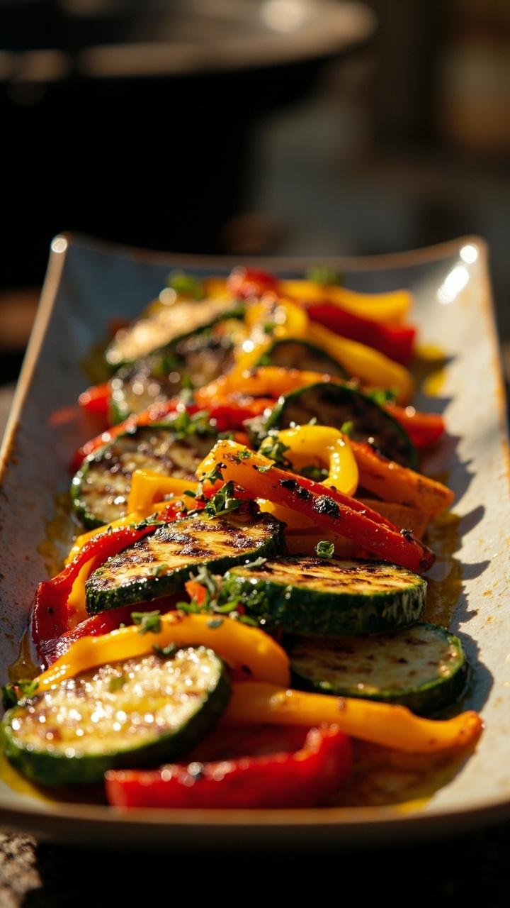 A long platter of thick grilled zucchini slices and colorful charred bell pepper strips, a drizzle of olive oil visible, a sprinkle of chopped herbs, a grill visible in soft focus