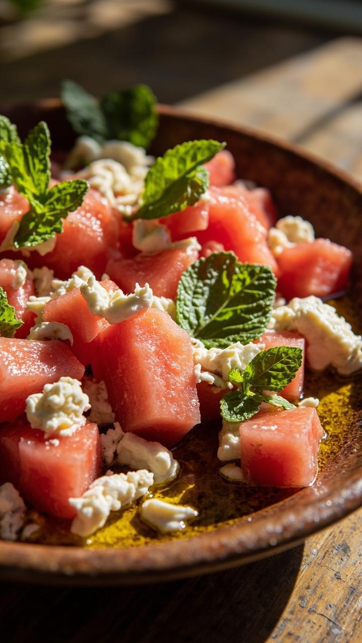 A shallow bowl with bright pink watermelon cubes, crumbled white feta, scattered mint leaves, a drizzle of olive oil visible, a sunlit outdoor table