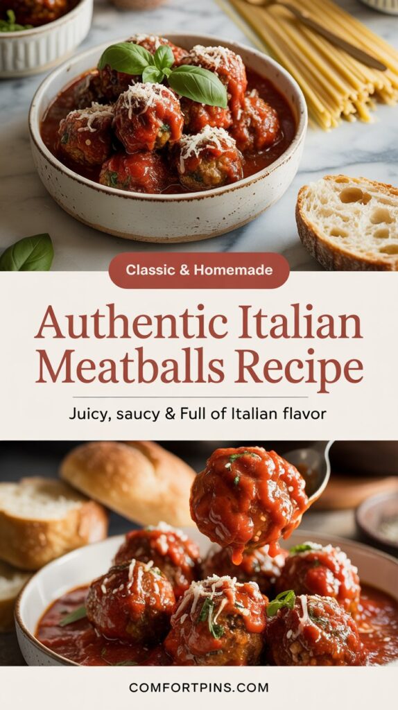 Authentic Italian Meatballs Recipe
Design a 6-photo collage featuring 3 delicious hamburger side dish images across the top row and 3 across the bottom row. Each dish should look bright, fresh, detailed, and backyard cookout-ready. Include a mix of classic and colorful side dishes such as creamy potato salad, baked beans, pasta salad, grilled corn, coleslaw, mac and cheese, roasted vegetables, watermelon salad, or cheesy casseroles. The food should feel summery, inviting, homemade, and crowd-pleasing with natural lighting and rich texture.  In the center, place a large white rounded organic label shape with a bold black outline, similar in feel to the reference. Let it take up most of the center space while keeping the food photos visible around the edges. Add the main text in big playful chunky hand-lettered typography, styled like the reference, arranged clearly as:  12+
Hamburger
Side Dishes  Add a smaller subtitle near the lower area of the label in fun bold text:
to Elevate Your Backyard Cookout  Use a warm, cheerful, cookout-inspired color palette for the lettering, such as mustard yellow, ketchup red, pickle green, toasted brown, and creamy beige. Keep the typography bold, high contrast, easy to read, and very Pinterest-friendly. Add subtle decorative swirls or hand-drawn accent lines around the center label for charm and movement.  At the bottom, include the blog name in a neat clean font:
comfortpins.com  Overall look: polished, modern, summery, inviting, family-friendly, highly clickable, food-blog aesthetic, clean collage composition, optimized for Pinterest CTR.