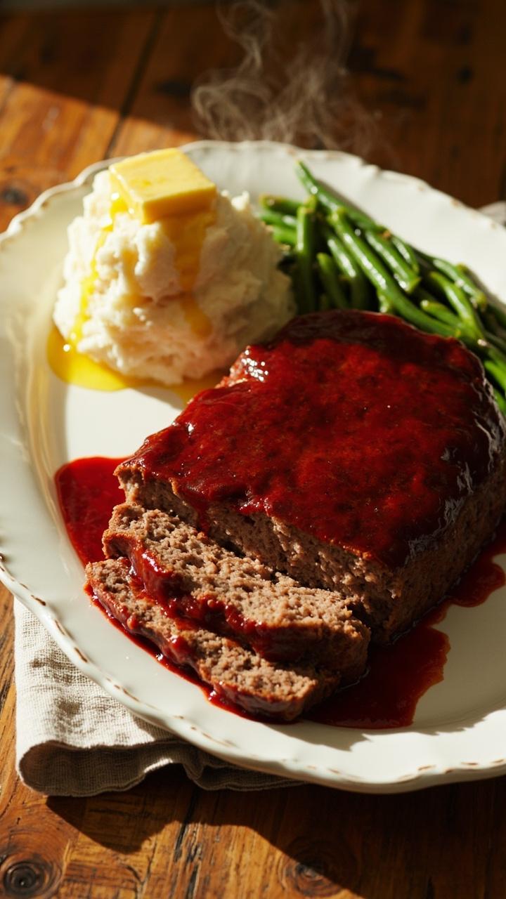 A glossy sliced meatloaf on a large white serving platter with caramelized tomato glaze pooling at the base A side of mashed potatoes with a pat of melting butter Steamed green beans on the side A rustic wooden table beneath a folded linen napkin A glossy sliced meatloaf on a large white serving platter with caramelized tomato glaze pooling at the base A side of mashed potatoes with a pat of melting butter Steamed green beans on the side A rustic wooden table beneath a folded linen napkin