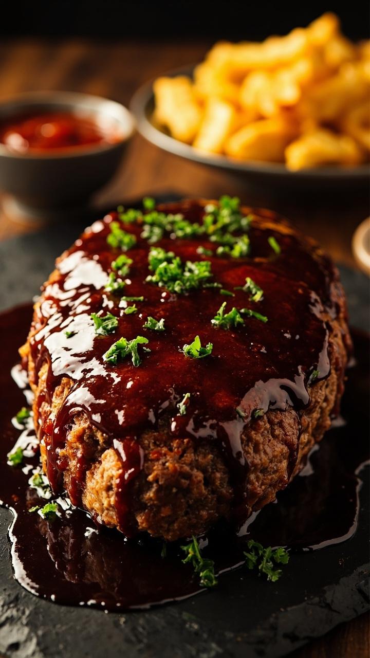 A thick meatloaf covered in shiny dark barbecue glaze placed on a black slate board Bright green chopped parsley sprinkled on top A small bowl of extra barbecue sauce to the side Crinkle cut fries on a separate plate in the background A thick meatloaf covered in shiny dark barbecue glaze placed on a black slate board Bright green chopped parsley sprinkled on top A small bowl of extra barbecue sauce to the side Crinkle cut fries on a separate plate in the background