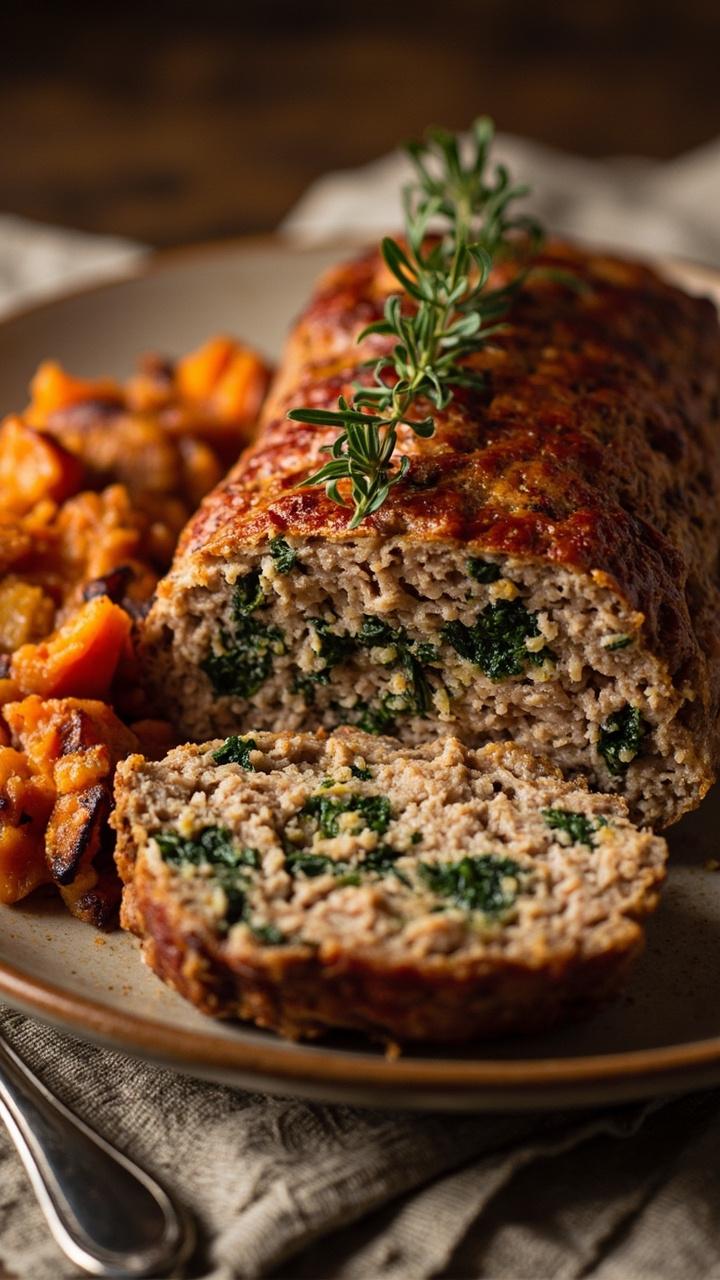 A golden brown turkey meatloaf sliced to show flecks of green spinach and herbs Plated on a ceramic dinner plate with a scoop of roasted sweet potatoes A sprig of fresh thyme on the loaf A linen napkin under a fork A golden brown turkey meatloaf sliced to show flecks of green spinach and herbs Plated on a ceramic dinner plate with a scoop of roasted sweet potatoes A sprig of fresh thyme on the loaf A linen napkin under a fork