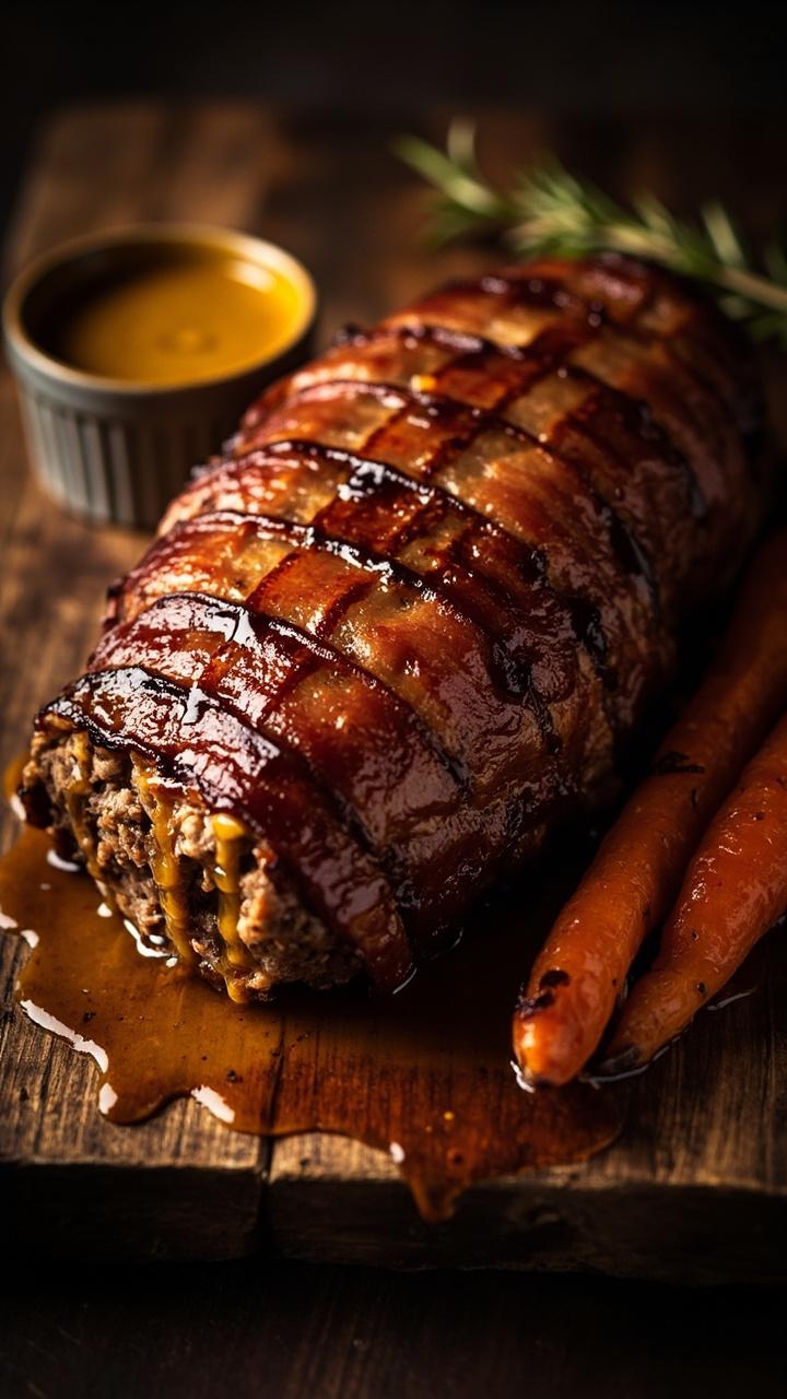 A meatloaf wrapped in a lattice of crisp browned bacon sitting on a wooden board Melted glaze dripping at the edges A small ramekin of mustard glaze Nearby roasted carrots and a sprig of rosemary A meatloaf wrapped in a lattice of crisp browned bacon sitting on a wooden board Melted glaze dripping at the edges A small ramekin of mustard glaze Nearby roasted carrots and a sprig of rosemary