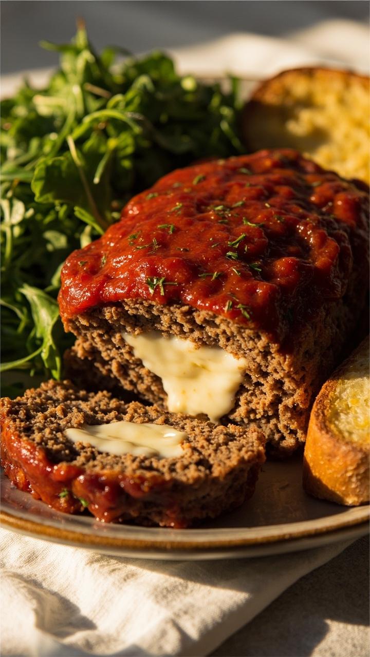 Sliced meatloaf revealing a melted mozzarella center with red marinara sauce spooned over the top A small mound of arugula salad dressed lightly A garlic bread slice leaning on the platter A white tablecloth beneath Sliced meatloaf revealing a melted mozzarella center with red marinara sauce spooned over the top A small mound of arugula salad dressed lightly A garlic bread slice leaning on the platter A white tablecloth beneath