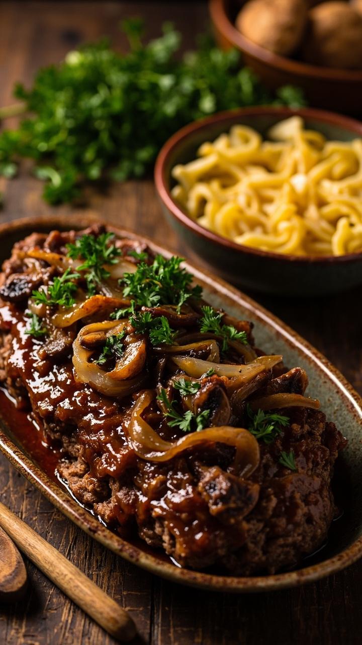 A meatloaf topped with glossy cooked mushrooms and caramelized onions Piled on a stoneware oval platter A side of buttered egg noodles in a shallow bowl Fresh chopped parsley sprinkled on top A wooden spoon resting beside the platter A meatloaf topped with glossy cooked mushrooms and caramelized onions Piled on a stoneware oval platter A side of buttered egg noodles in a shallow bowl Fresh chopped parsley sprinkled on top A wooden spoon resting beside the platter