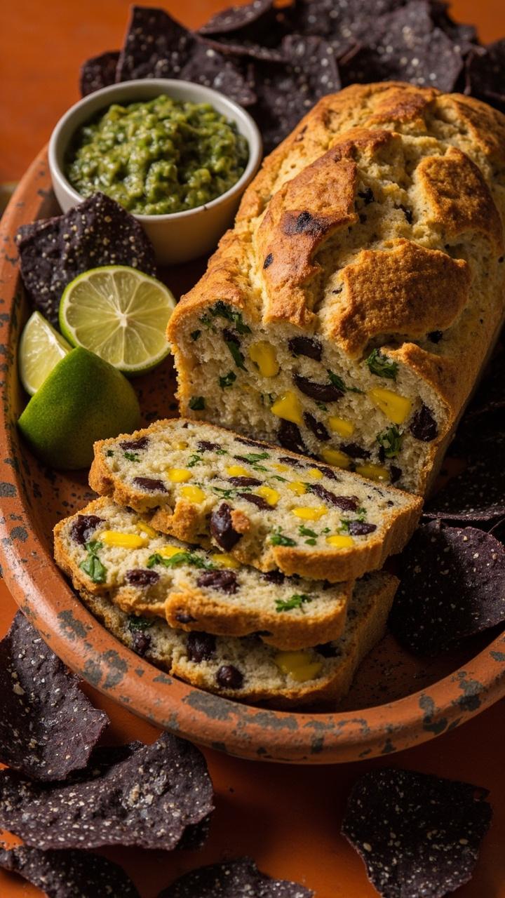 A loaf studded with visible corn black beans and chopped cilantro Sliced and fanned on a terra cotta plate Lime wedges on the side A small bowl of salsa verde Nearby blue corn tortilla chips A loaf studded with visible corn black beans and chopped cilantro Sliced and fanned on a terra cotta plate Lime wedges on the side A small bowl of salsa verde Nearby blue corn tortilla chips