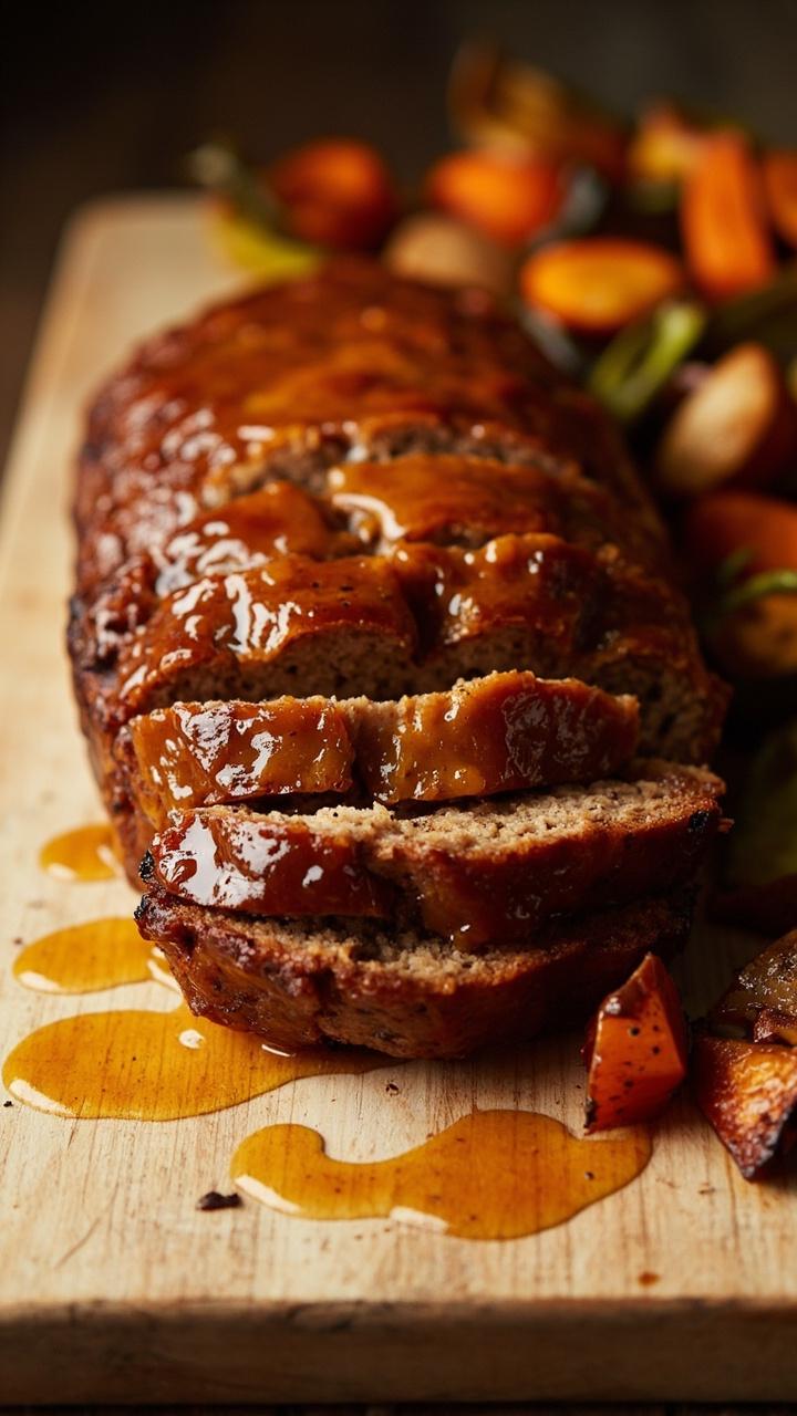 A loaf glazed in a glossy amber maple mustard sauce Slices arranged on a pale wooden board Drizzles of extra glaze on the board Roasted autumn vegetables placed beside the loaf A loaf glazed in a glossy amber maple mustard sauce Slices arranged on a pale wooden board Drizzles of extra glaze on the board Roasted autumn vegetables placed beside the loaf
