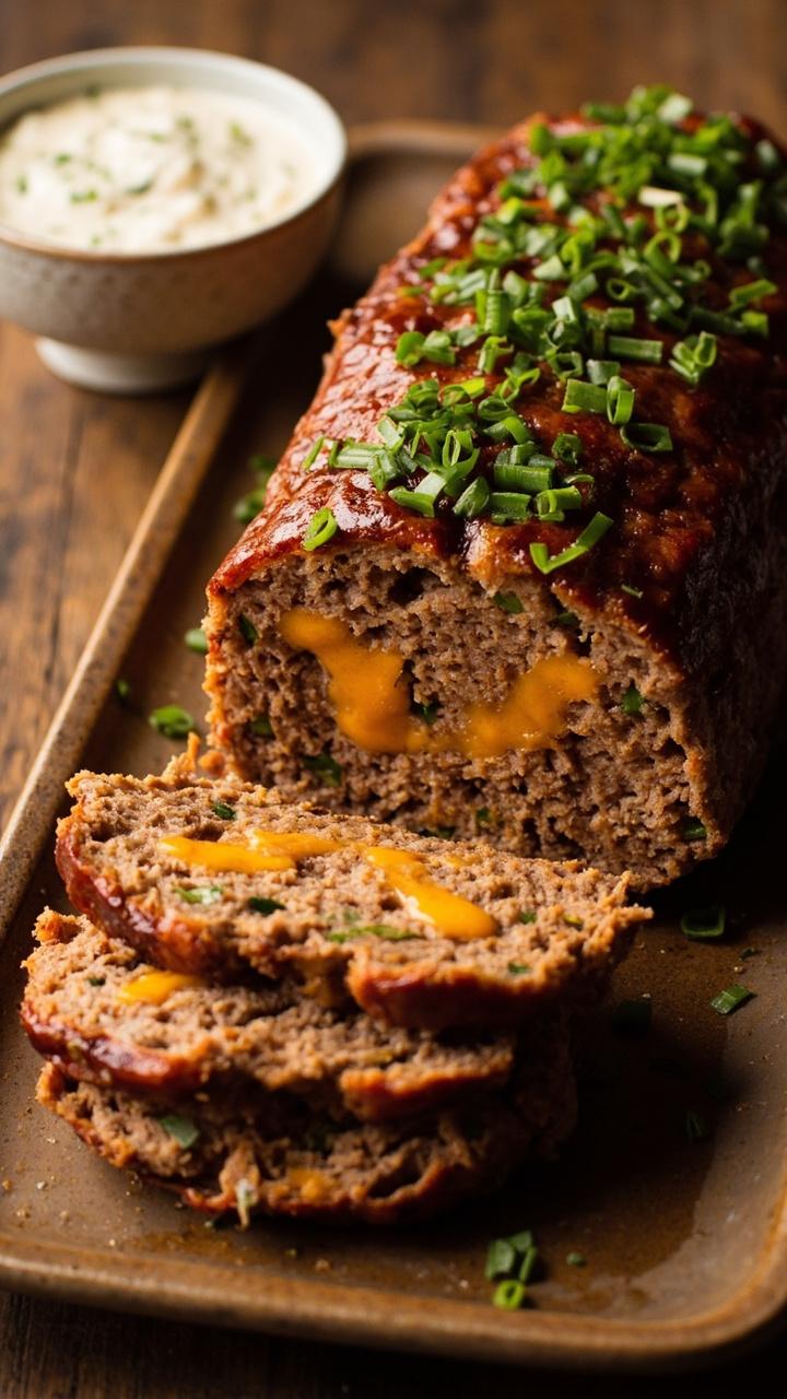 A meatloaf studded with melted orange cheddar and small green jalapeno pieces Sliced on a rectangular ceramic platter A scattering of chopped chives on top A small bowl of ranch dressing on the side A meatloaf studded with melted orange cheddar and small green jalapeno pieces Sliced on a rectangular ceramic platter A scattering of chopped chives on top A small bowl of ranch dressing on the side