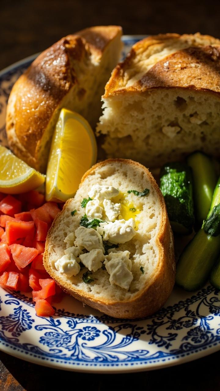 A sliced loaf showing white crumbles of feta and green herb flecks Drizzled lightly with olive oil Lemon wedges and a small pile of chopped cucumbers and tomatoes on the side A blue and white patterned plate beneath A sliced loaf showing white crumbles of feta and green herb flecks Drizzled lightly with olive oil Lemon wedges and a small pile of chopped cucumbers and tomatoes on the side A blue and white patterned plate beneath