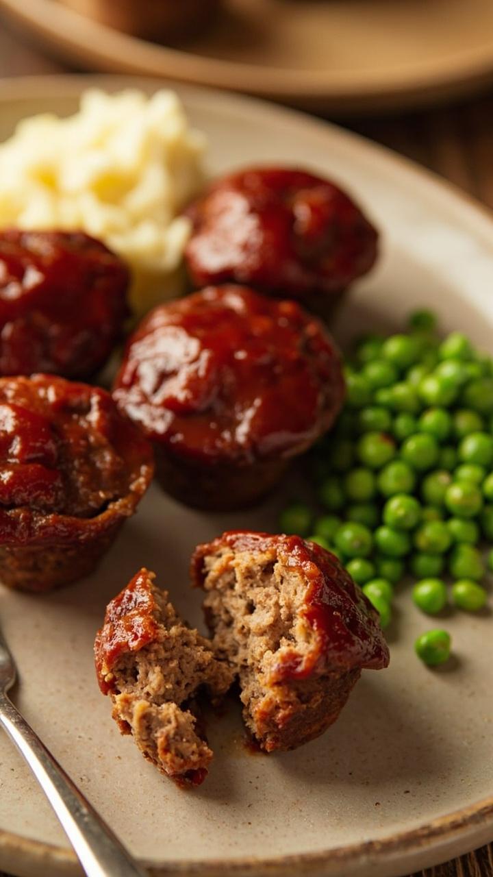 Six mini meatloaf muffins arranged on a round plate with a little glaze on top Each portion shows a browned exterior with a tender interior Served with small scoops of mashed potatoes and peas A fork resting beside the plate Six mini meatloaf muffins arranged on a round plate with a little glaze on top Each portion shows a browned exterior with a tender interior Served with small scoops of mashed potatoes and peas A fork resting beside the plate