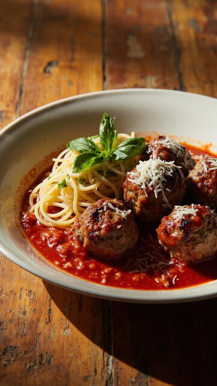 Golden browned meatballs nestled in glossy red marinara on a shallow white bowl, a small pile of spaghetti to one side, bright green chiffonade of basil on top, a scattering of grated Parmesan, rustic wood table beneath Golden browned meatballs nestled in glossy red marinara on a shallow white bowl, a small pile of spaghetti to one side, bright green chiffonade of basil on top, a scattering of grated Parmesan, rustic wood table beneath