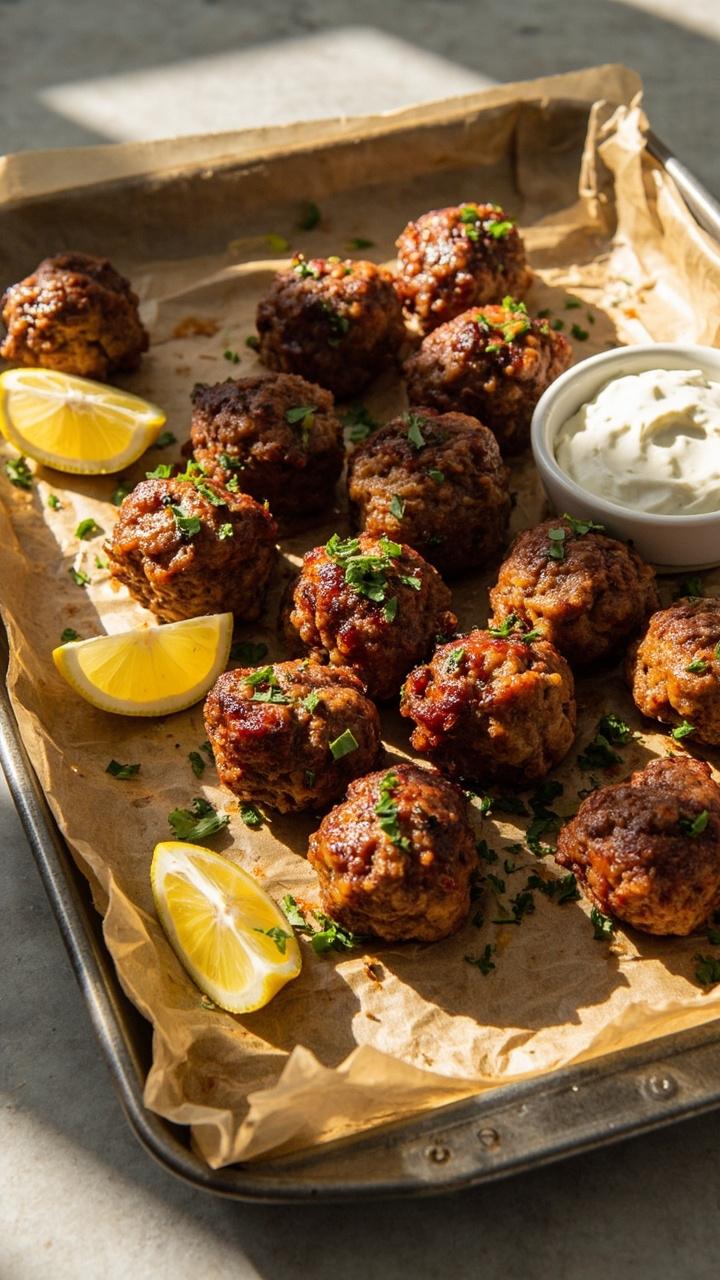 Parchment lined baking sheet with golden baked meatballs sprinkled with chopped parsley, lemon wedges on the side, small ramekin of yogurt dipping sauce, neutral kitchen counter background Parchment lined baking sheet with golden baked meatballs sprinkled with chopped parsley, lemon wedges on the side, small ramekin of yogurt dipping sauce, neutral kitchen counter background