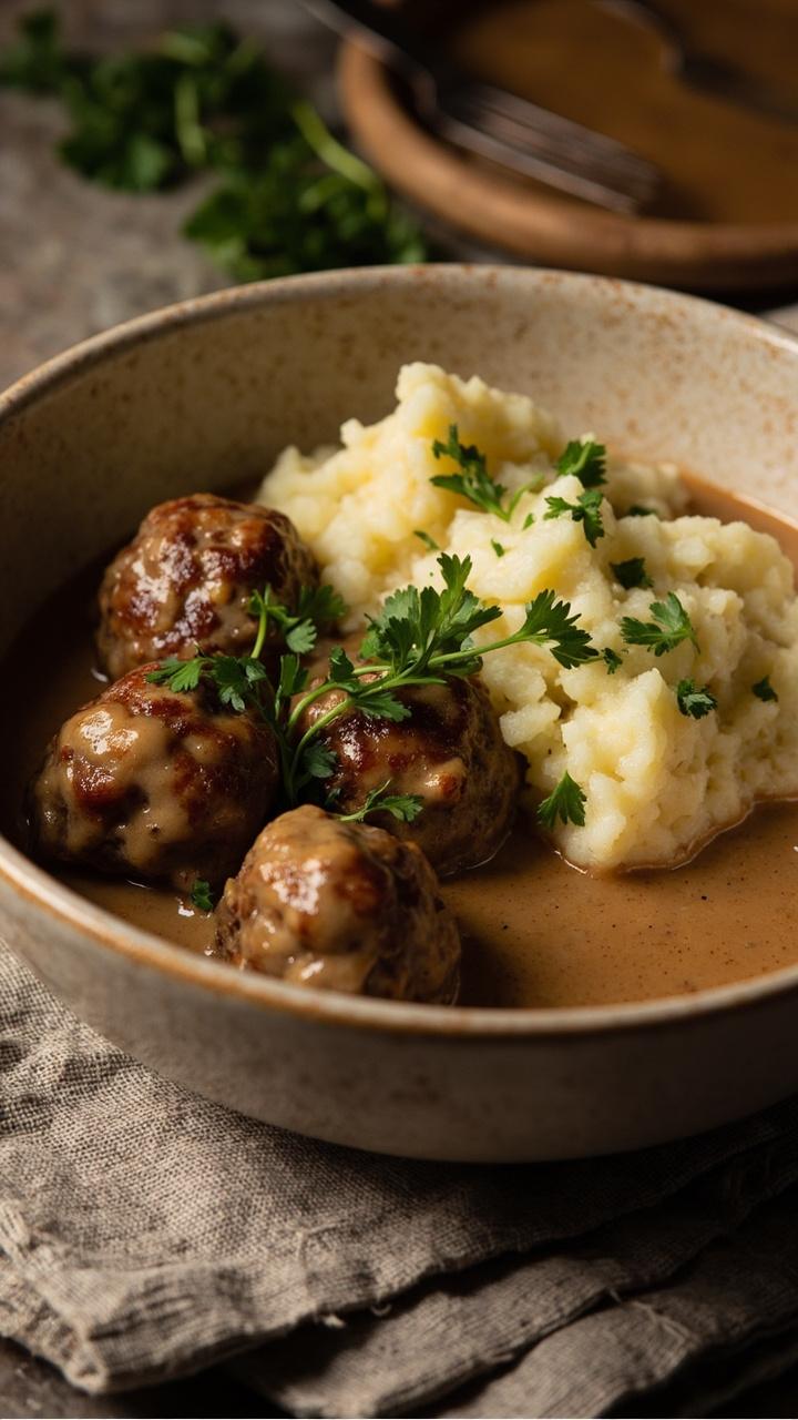Shallow beige bowl with meatballs in glossy light brown cream sauce, a spoonful of mashed potatoes beside the meatballs, chopped parsley sprinkled on top, linen napkin under the bowl Shallow beige bowl with meatballs in glossy light brown cream sauce, a spoonful of mashed potatoes beside the meatballs, chopped parsley sprinkled on top, linen napkin under the bowl