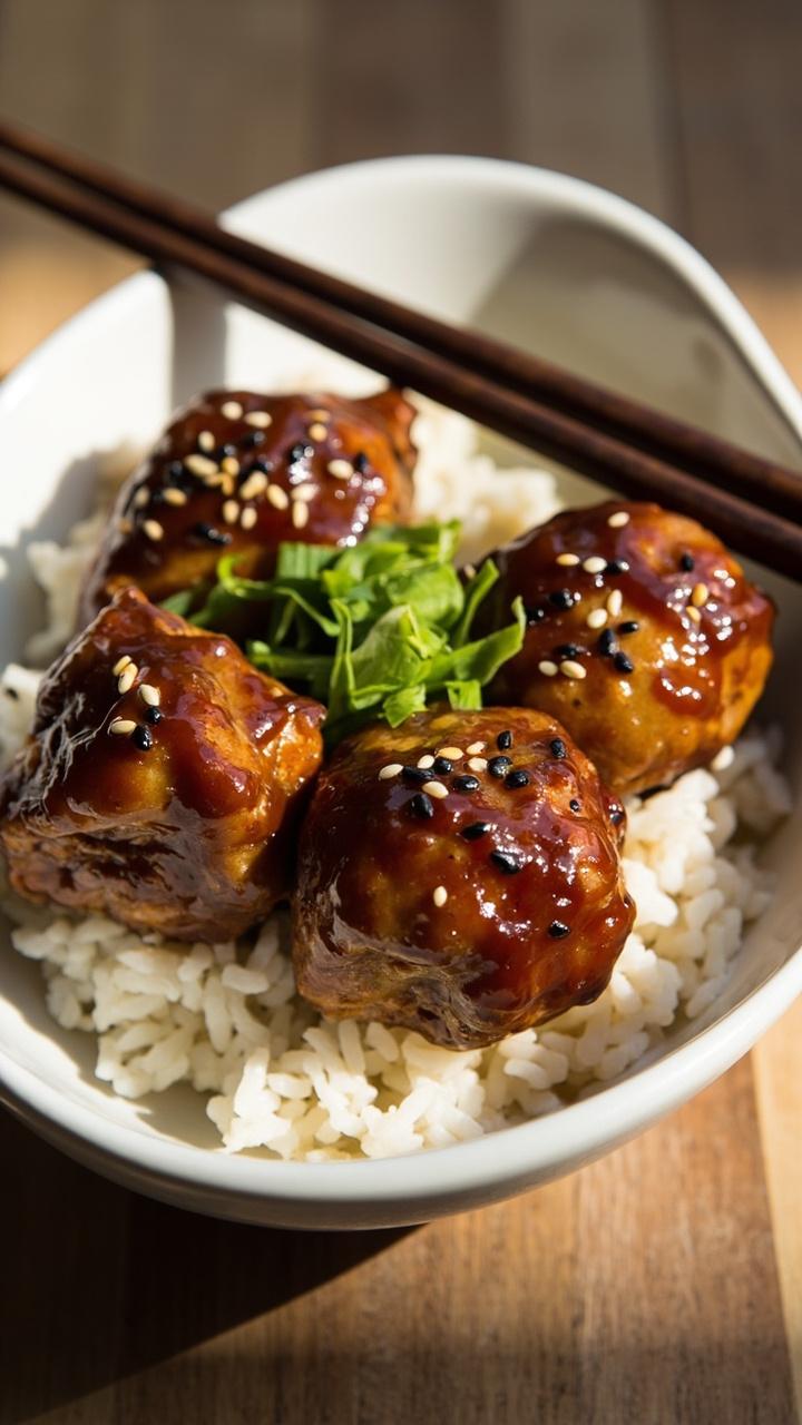 White shallow bowl with glossy teriyaki glazed chicken meatballs over steamed white rice, sliced scallions and sesame seeds sprinkled on top, pair of chopsticks resting at the edge White shallow bowl with glossy teriyaki glazed chicken meatballs over steamed white rice, sliced scallions and sesame seeds sprinkled on top, pair of chopsticks resting at the edge