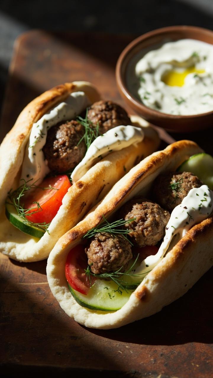 Warm pita halves filled with lamb meatballs, a smear of creamy tzatziki, sliced cucumber and tomato, small bowl of extra tzatziki on the side, wooden board beneath Warm pita halves filled with lamb meatballs, a smear of creamy tzatziki, sliced cucumber and tomato, small bowl of extra tzatziki on the side, wooden board beneath