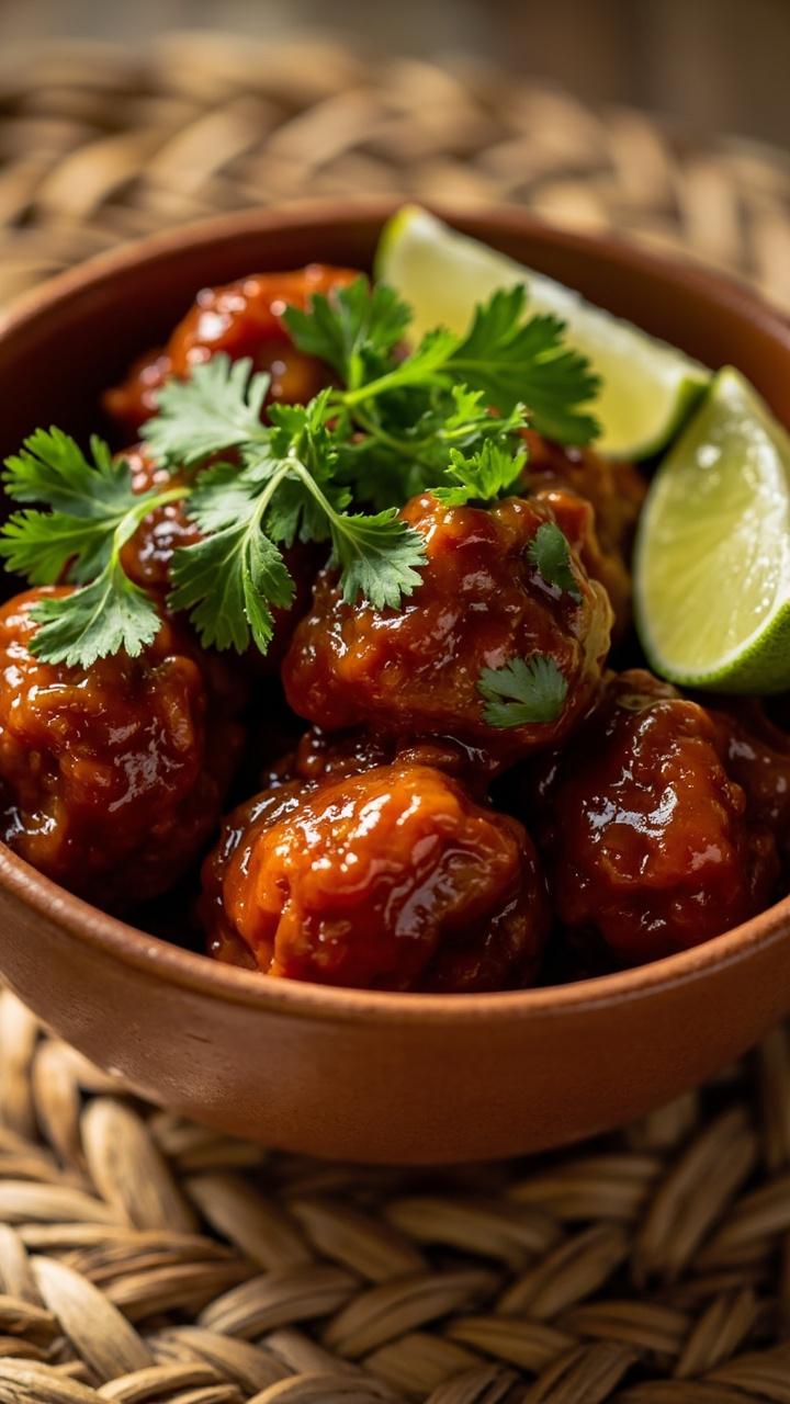 Deep bowl with meatballs glazed in reddish chipotle sauce, cilantro leaves scattered on top, lime wedges on the rim, bowl placed on a woven placemat Deep bowl with meatballs glazed in reddish chipotle sauce, cilantro leaves scattered on top, lime wedges on the rim, bowl placed on a woven placemat