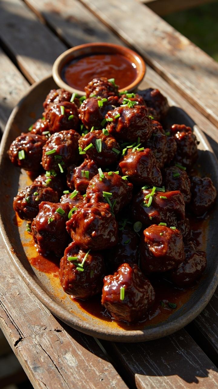 Oval platter with glossy BBQ glazed pork meatballs, a small ramekin of extra sauce on the side, chopped chives sprinkled on top, picnic style table surface Oval platter with glossy BBQ glazed pork meatballs, a small ramekin of extra sauce on the side, chopped chives sprinkled on top, picnic style table surface