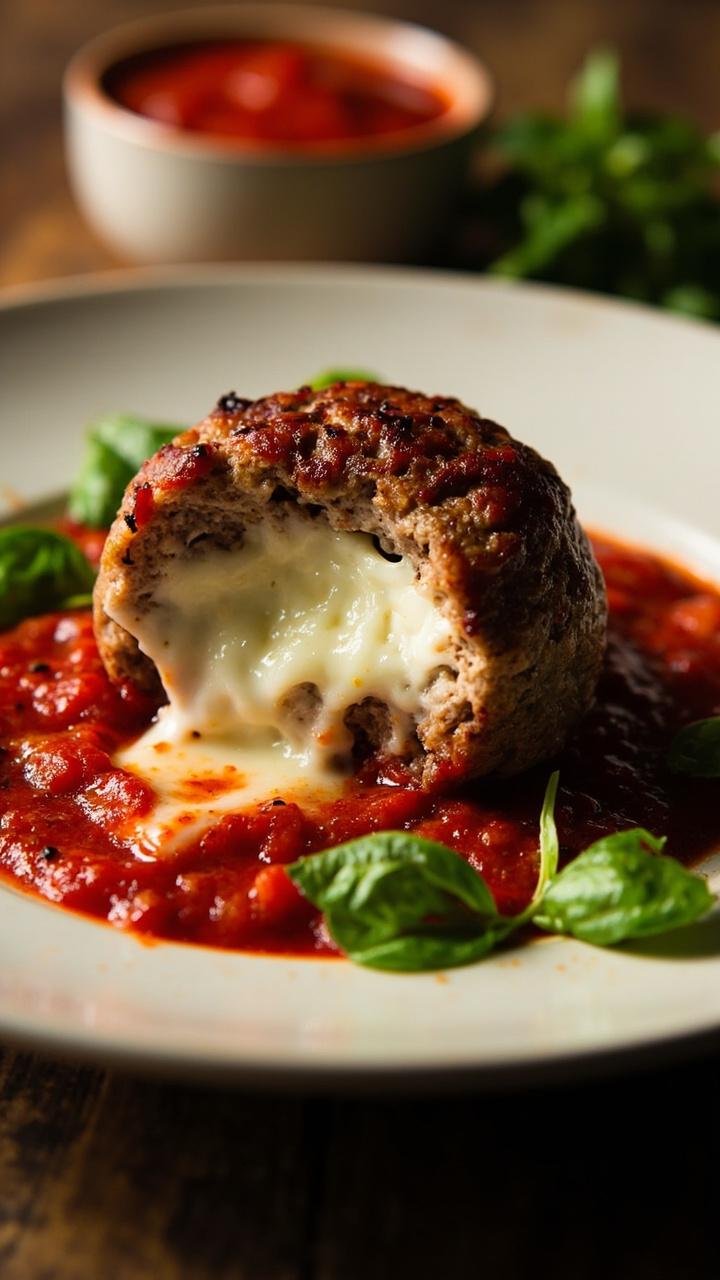 White plate with a cut open meatball oozing melted mozzarella, marinara spooned around, basil leaves scattered, small bowl of extra sauce in the background White plate with a cut open meatball oozing melted mozzarella, marinara spooned around, basil leaves scattered, small bowl of extra sauce in the background