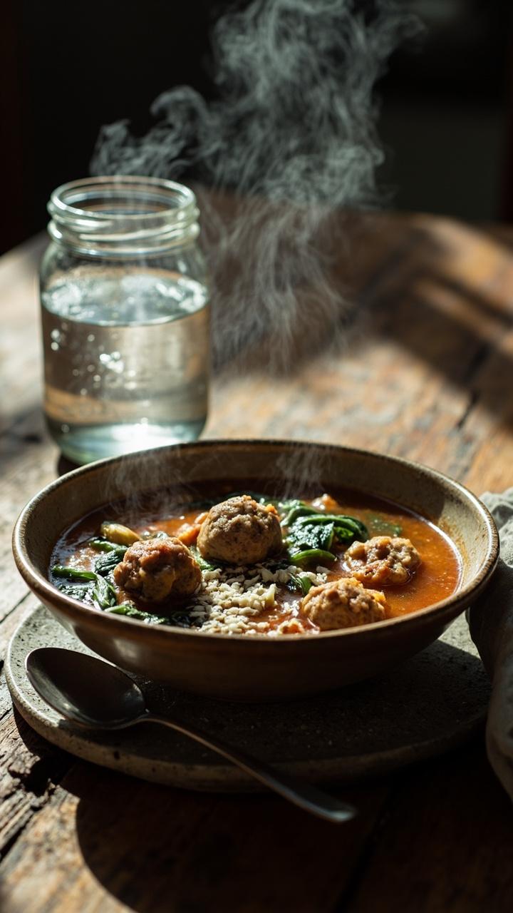 Shallow bowl with sausage meatballs in light tomato broth, wilted spinach mixed through, a sprinkle of grated pecorino, rustic spoon at the side, mason jar of water nearby Shallow bowl with sausage meatballs in light tomato broth, wilted spinach mixed through, a sprinkle of grated pecorino, rustic spoon at the side, mason jar of water nearby