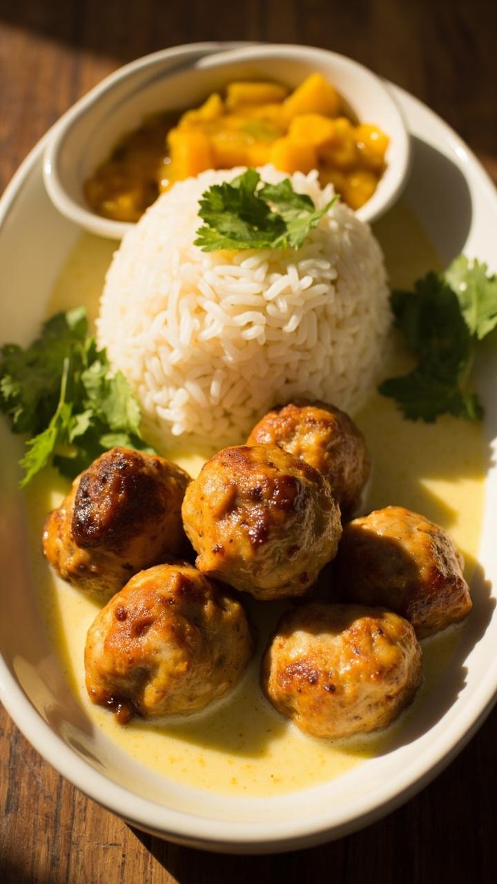 Shallow white bowl with golden chicken meatballs in a light curry coconut sauce, jasmine rice on the side, cilantro leaves on top, small bowl of chopped mango chutney beside Shallow white bowl with golden chicken meatballs in a light curry coconut sauce, jasmine rice on the side, cilantro leaves on top, small bowl of chopped mango chutney beside