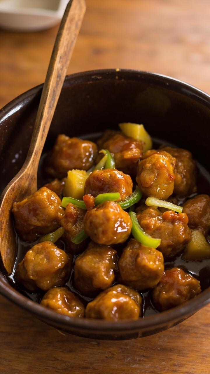 Deep serving bowl of glossy sweet and sour meatballs with pineapple chunks, green bell pepper ribbons visible, wooden serving spoon resting in the bowl, casual kitchen counter Deep serving bowl of glossy sweet and sour meatballs with pineapple chunks, green bell pepper ribbons visible, wooden serving spoon resting in the bowl, casual kitchen counter