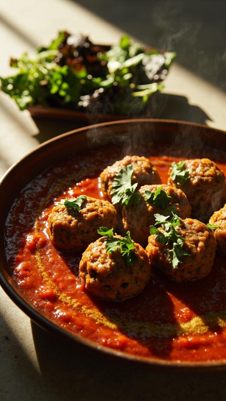 Shallow bowl with brown lentil meatballs in tomato sauce, a drizzle of olive oil on top, chopped parsley, small bowl of mixed greens beside Shallow bowl with brown lentil meatballs in tomato sauce, a drizzle of olive oil on top, chopped parsley, small bowl of mixed greens beside