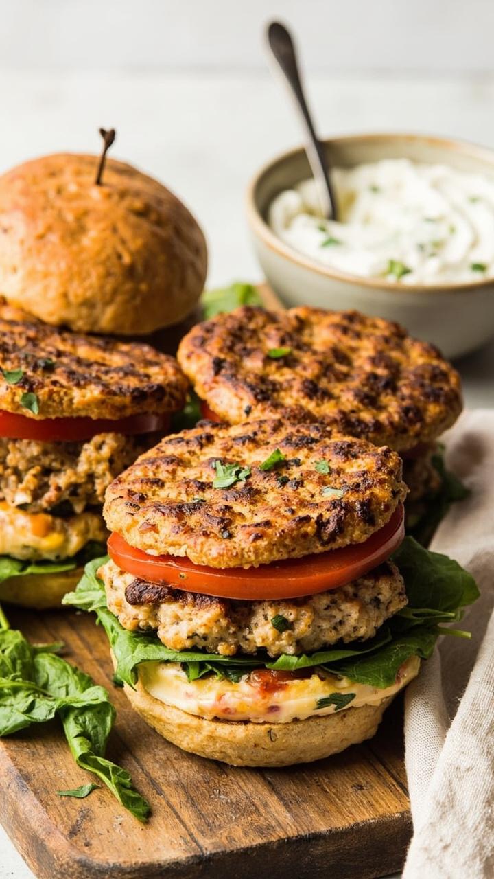 golden seared turkey patties with flecks of green, soft whole wheat buns, sliced ripe tomato and baby spinach leaves, small bowl of yogurt cucumber sauce, linen napkin on a wooden board golden seared turkey patties with flecks of green, soft whole wheat buns, sliced ripe tomato and baby spinach leaves, small bowl of yogurt cucumber sauce, linen napkin on a wooden board