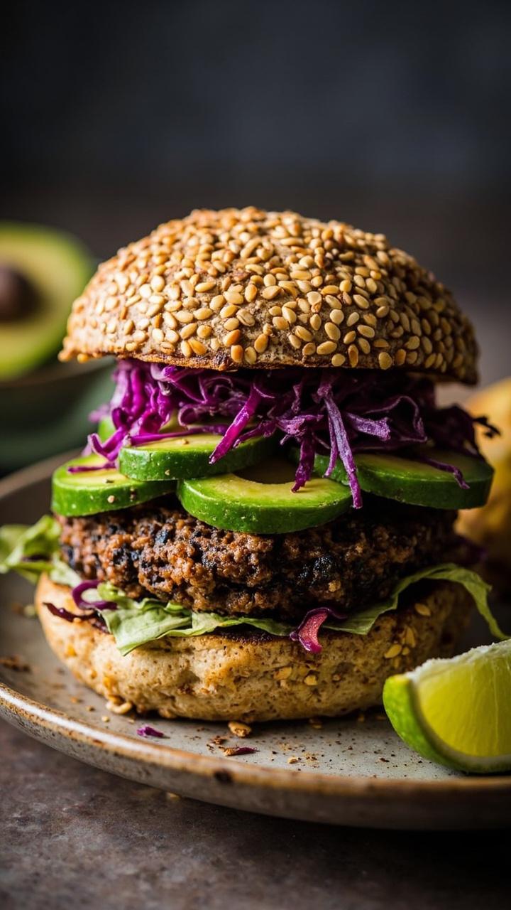 dark quinoa and black bean patties on a toasted multigrain bun, bright avocado slices, shredded purple cabbage, wedge of lime on the side, rustic ceramic plate dark quinoa and black bean patties on a toasted multigrain bun, bright avocado slices, shredded purple cabbage, wedge of lime on the side, rustic ceramic plate