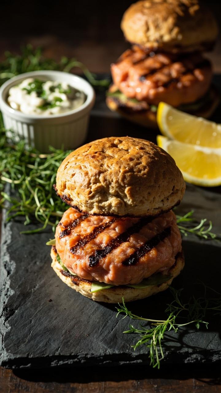 pink salmon patties with grill marks on crusty oat buns, green dill yogurt in a small ramekin, thin lemon wedges, microgreens scattered on a slate board pink salmon patties with grill marks on crusty oat buns, green dill yogurt in a small ramekin, thin lemon wedges, microgreens scattered on a slate board