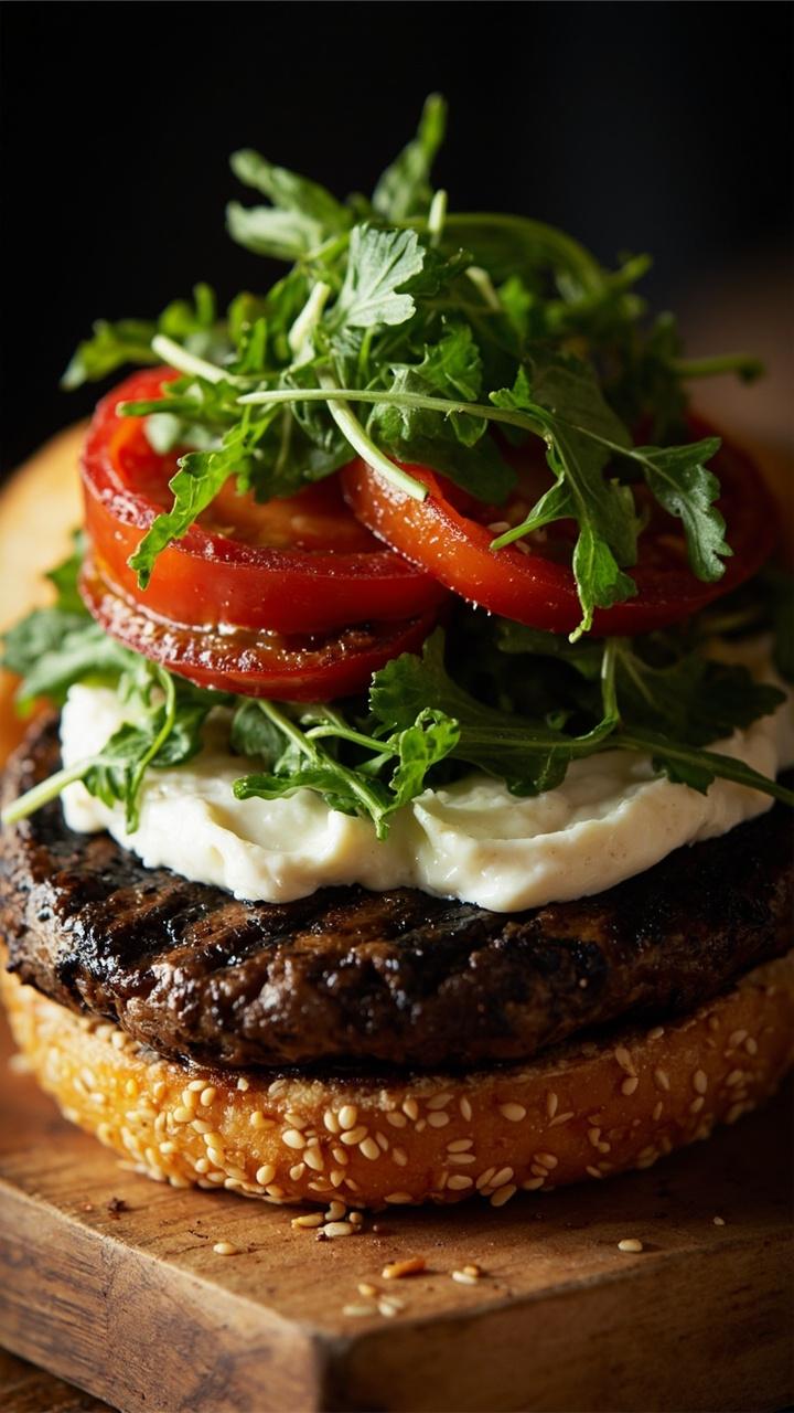 large grilled portobello cap topped with soft white goat cheese, arugula, sun roasted tomato slices, toasted sesame bun halves, wooden serving board large grilled portobello cap topped with soft white goat cheese, arugula, sun roasted tomato slices, toasted sesame bun halves, wooden serving board