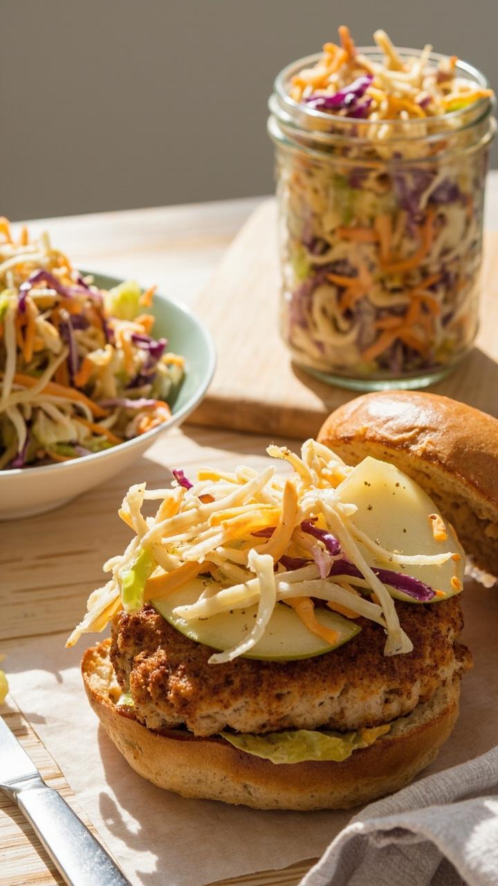 light golden chicken patties on whole wheat buns, thin apple slices and creamy Dijon slaw piled high, small jar of slaw on the side, light wooden table light golden chicken patties on whole wheat buns, thin apple slices and creamy Dijon slaw piled high, small jar of slaw on the side, light wooden table