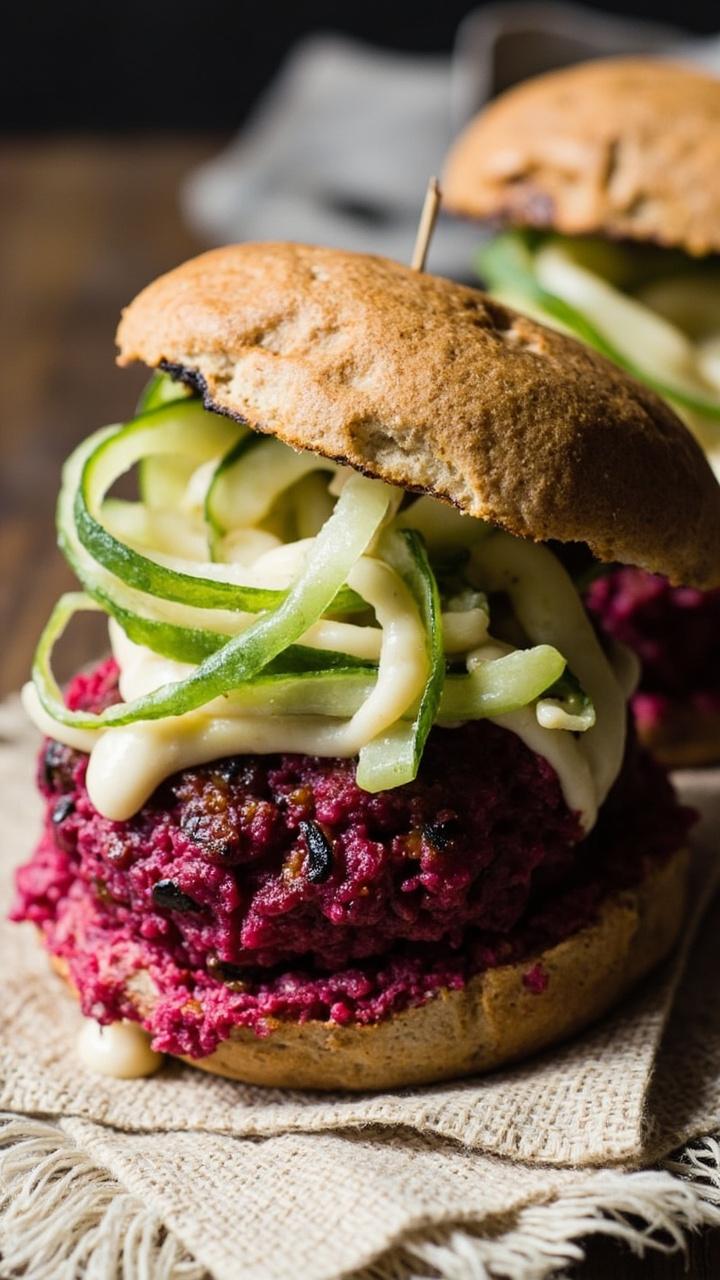 deep magenta lentil and beet patties on toasted rye buns, thin cucumber ribbons, pale tahini drizzle on top, small linen square napkin deep magenta lentil and beet patties on toasted rye buns, thin cucumber ribbons, pale tahini drizzle on top, small linen square napkin