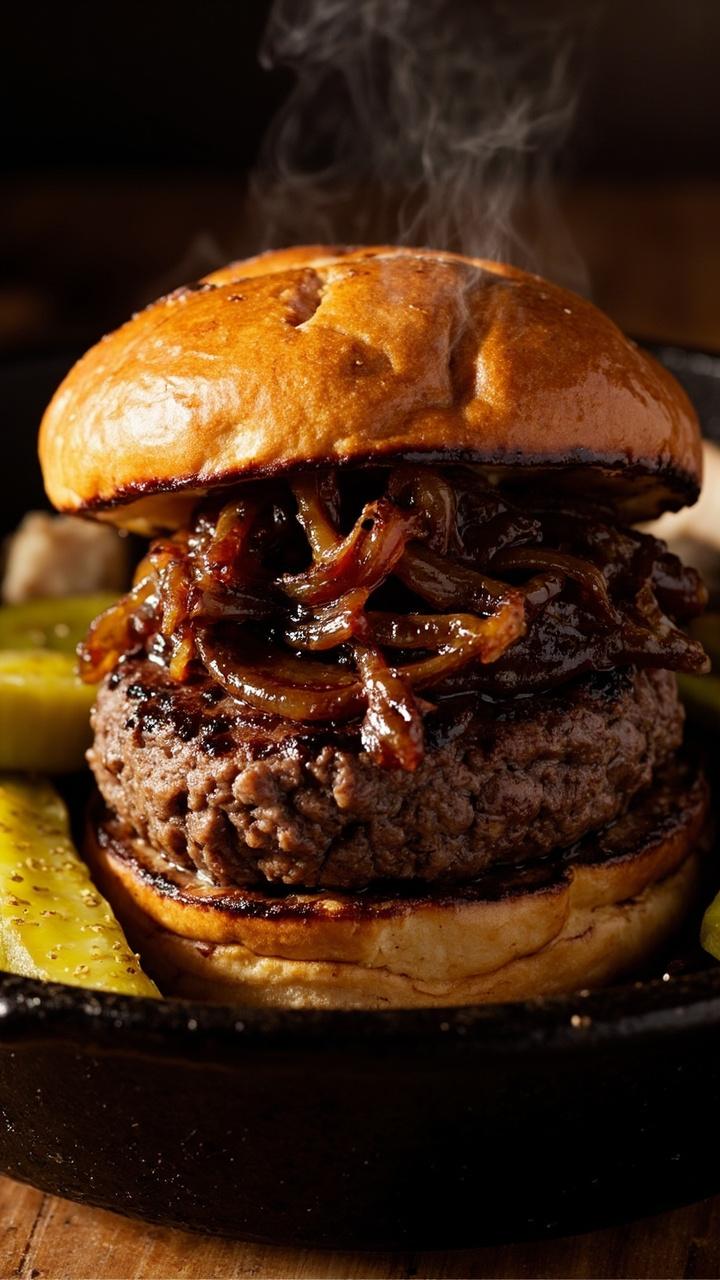 brown seared bison patties with glossy dark caramelized onions, toasted brioche or whole grain bun, crisp pickle slices on the side, small cast iron skillet corner visible brown seared bison patties with glossy dark caramelized onions, toasted brioche or whole grain bun, crisp pickle slices on the side, small cast iron skillet corner visible