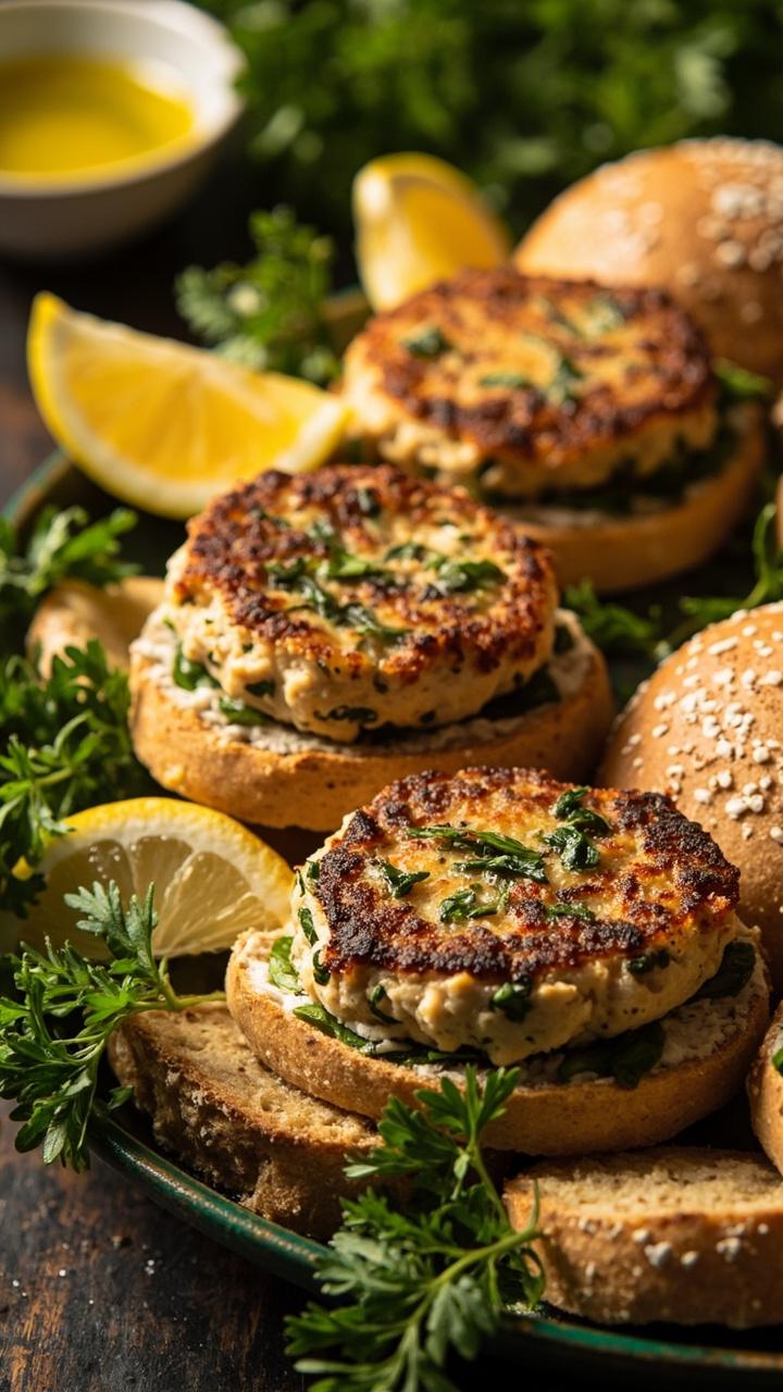 light golden tuna patties speckled with herbs on ciabatta or small whole wheat buns, lemon wedges, sprigs of parsley, small dish of olive oil light golden tuna patties speckled with herbs on ciabatta or small whole wheat buns, lemon wedges, sprigs of parsley, small dish of olive oil