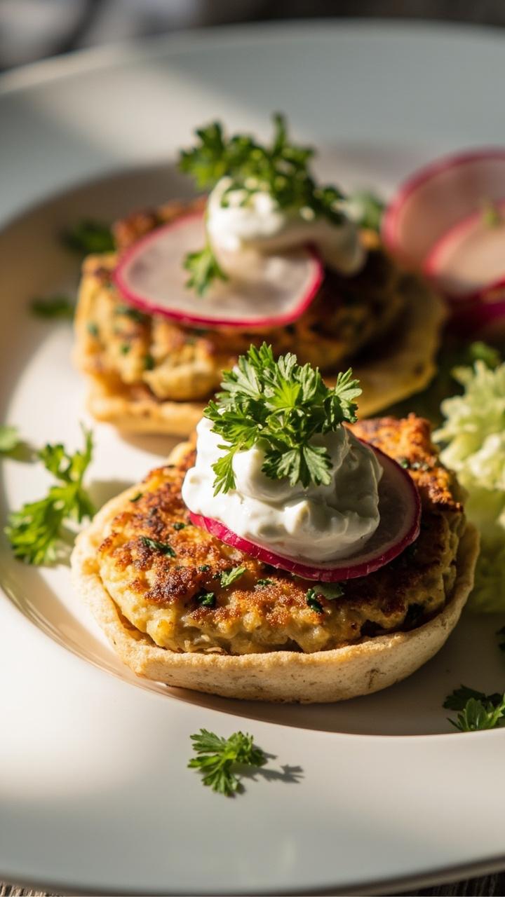 golden chickpea patties with specks of herbs on pita halves or thin buns, dollop of tzatziki, sliced radishes and parsley garnish, white ceramic plate golden chickpea patties with specks of herbs on pita halves or thin buns, dollop of tzatziki, sliced radishes and parsley garnish, white ceramic plate