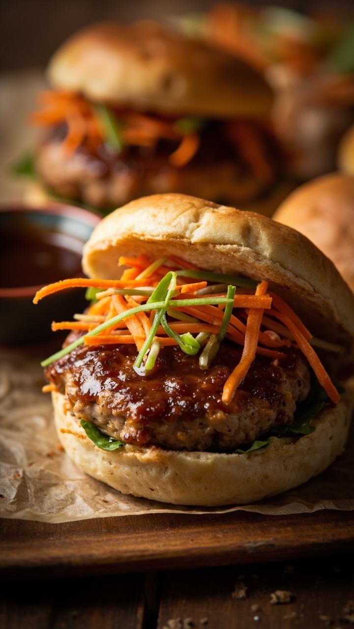 light brown turkey patties glazed with thin soy ginger sauce on steamed buns or whole wheat buns, julienned carrot and scallion slaw on top, small bowl of extra sauce light brown turkey patties glazed with thin soy ginger sauce on steamed buns or whole wheat buns, julienned carrot and scallion slaw on top, small bowl of extra sauce