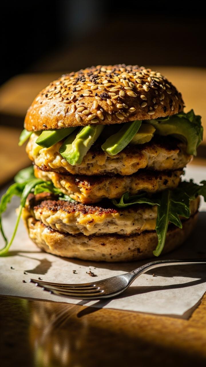 golden turkey patties topped with ripe green avocado slices, a sprinkle of cracked black pepper, thin arugula leaves, seeded whole grain bun, small salad fork on the side golden turkey patties topped with ripe green avocado slices, a sprinkle of cracked black pepper, thin arugula leaves, seeded whole grain bun, small salad fork on the side