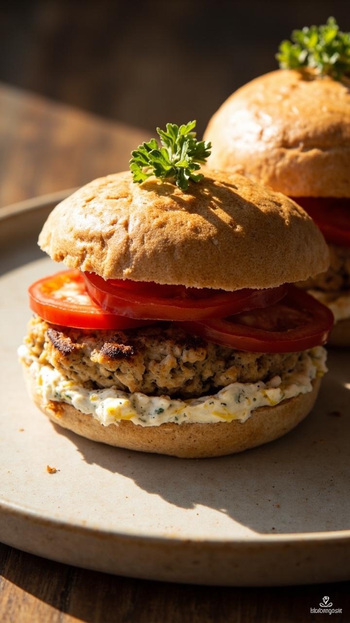 light brown turkey and quinoa patties on toasted whole wheat buns, creamy pale lemon feta spread, thin tomato slices, sprig of parsley for garnish, neutral ceramic plate light brown turkey and quinoa patties on toasted whole wheat buns, creamy pale lemon feta spread, thin tomato slices, sprig of parsley for garnish, neutral ceramic plate