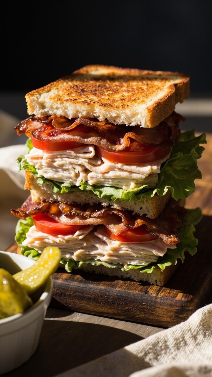 Three toasted slices of golden bread stacked with thin turkey slices, crispy bacon strips, bright tomato slices, butter lettuce, and a smear of mayonnaise. Cut diagonally on a wooden board with a small ramekin of pickles on the side, soft natural light and a folded linen napkin. Three toasted slices of golden bread stacked with thin turkey slices, crispy bacon strips, bright tomato slices, butter lettuce, and a smear of mayonnaise. Cut diagonally on a wooden board with a small ramekin of pickles on the side, soft natural light and a folded linen napkin.