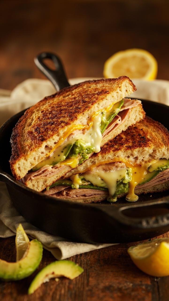 A golden skillet-crisped sandwich split in half, oozing melted Swiss cheese over slices of turkey and ripe avocado. Sandwich sits on a small cast-iron pan on a wooden table with a soft linen napkin, a few bright green avocado slices and a lemon wedge beside it. A golden skillet-crisped sandwich split in half, oozing melted Swiss cheese over slices of turkey and ripe avocado. Sandwich sits on a small cast-iron pan on a wooden table with a soft linen napkin, a few bright green avocado slices and a lemon wedge beside it.