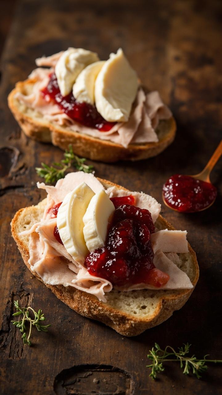 Open-faced ciabatta halves topped with thin turkey slices, wedges of creamy Brie slightly softened, and a smear of cranberry sauce. Plate on a rustic wooden board with a few sprigs of thyme and a small spoonful of cranberry beside the sandwich. Open-faced ciabatta halves topped with thin turkey slices, wedges of creamy Brie slightly softened, and a smear of cranberry sauce. Plate on a rustic wooden board with a few sprigs of thyme and a small spoonful of cranberry beside the sandwich.