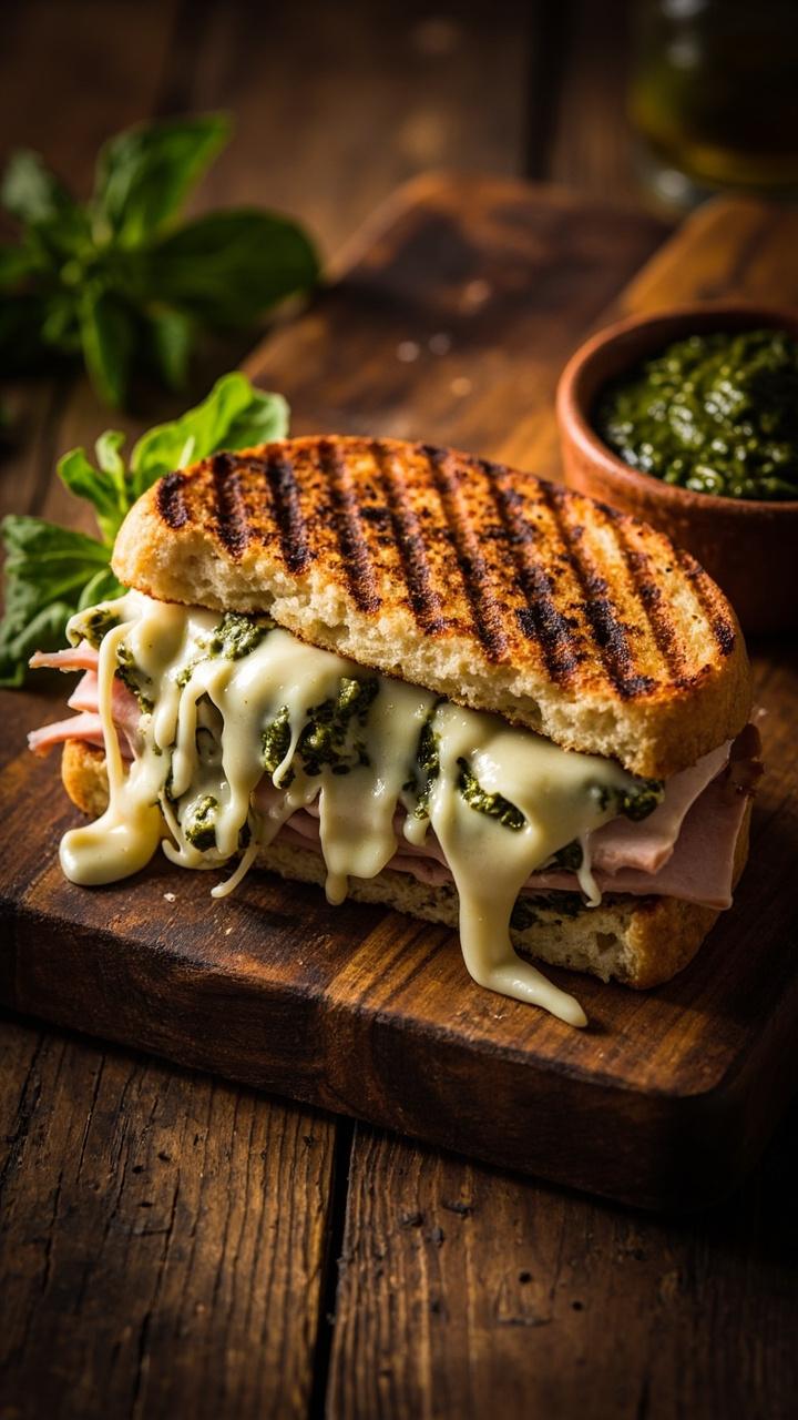 A pressed panini with visible char lines, melted mozzarella, bright green pesto, and turkey peeking from the sides. Sandwich sits on a wooden board with a sprig of basil and a small bowl of extra pesto. A pressed panini with visible char lines, melted mozzarella, bright green pesto, and turkey peeking from the sides. Sandwich sits on a wooden board with a sprig of basil and a small bowl of extra pesto.